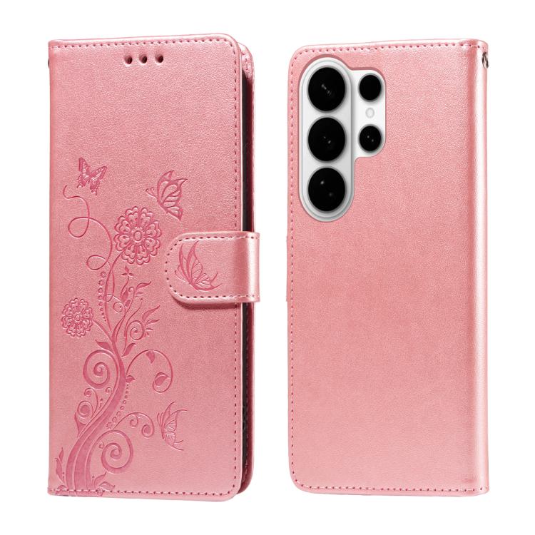 

For Samsung Galaxy S26 Ultra 5G Embossed Butterfly Flowers Leather Phone Case(Rose Gold)
