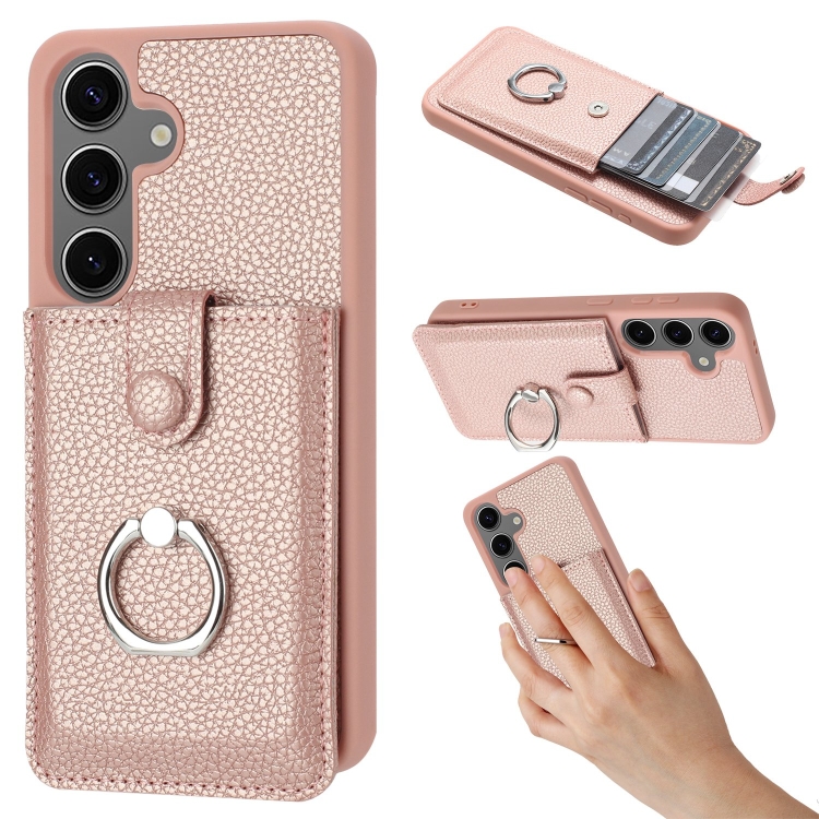 

For Samsung Galaxy S24 5G Litchi Texture Drawing Card Bag Ring Holder Phone Case(Rose Gold)