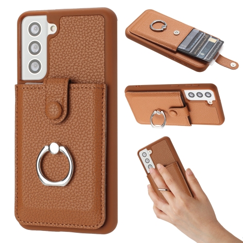 

For Samsung Galaxy S21 5G Litchi Texture Drawing Card Bag Ring Holder Phone Case(Brown)