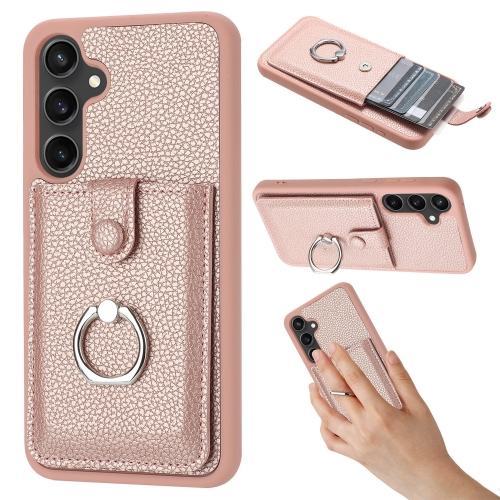 

For Samsung Galaxy A15 4G / 5G Litchi Texture Drawing Card Bag Ring Holder Phone Case(Rose Gold)