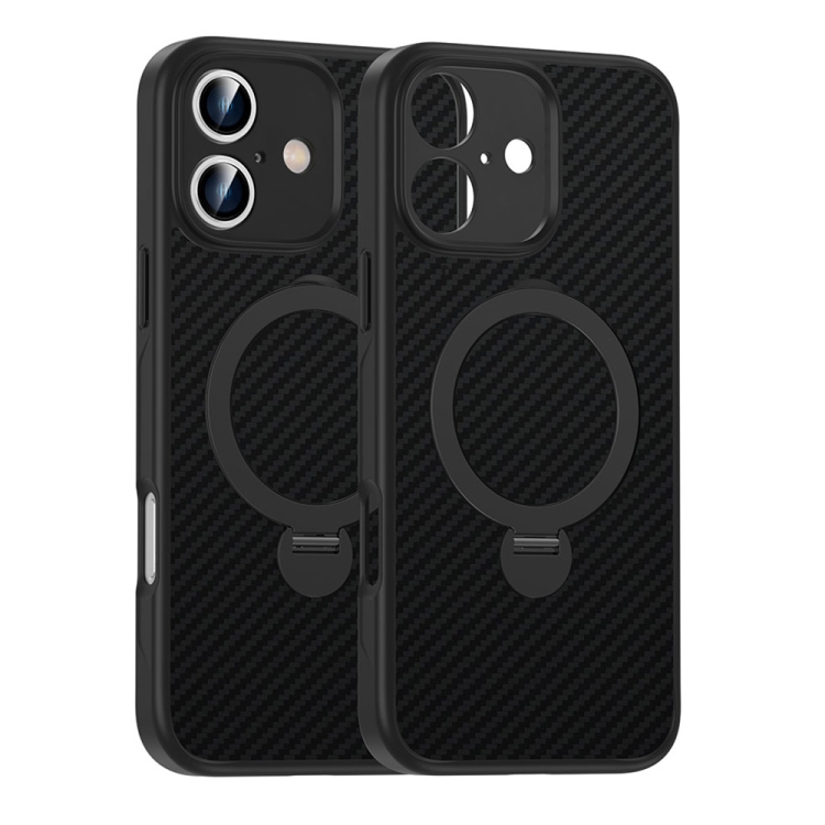 

For iPhone 16 Carbon Fiber MagSafe 360 Degree Rotating Holder Phone Case(Black)