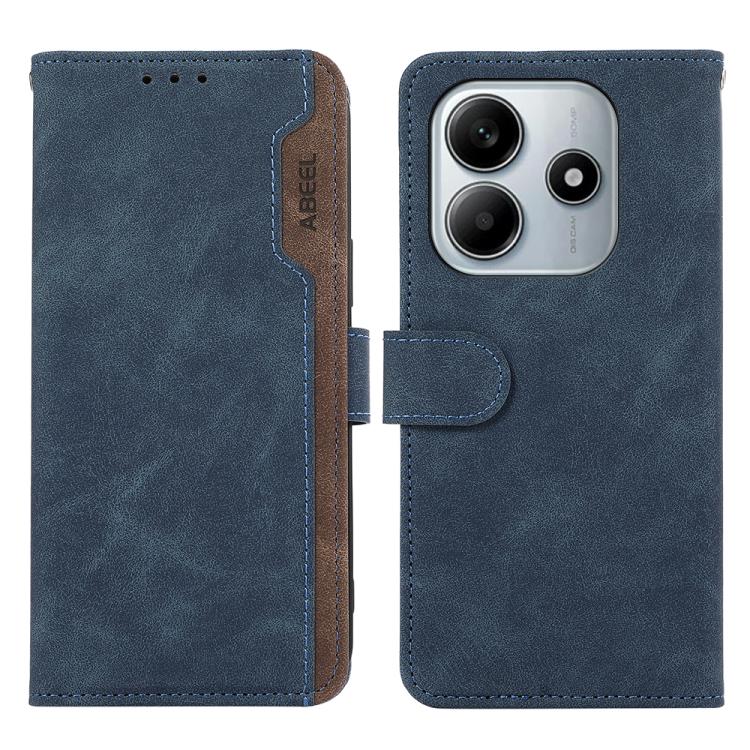

For Redmi Note 14 4G 164.84mm ABEEL Color Block Magnetic RFID Leather Phone Case(Blue-Brown)