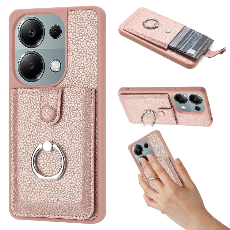 

For Redmi Note 13 Pro 4G Litchi Texture Drawing Card Bag Ring Holder Phone Case(Rose Gold)