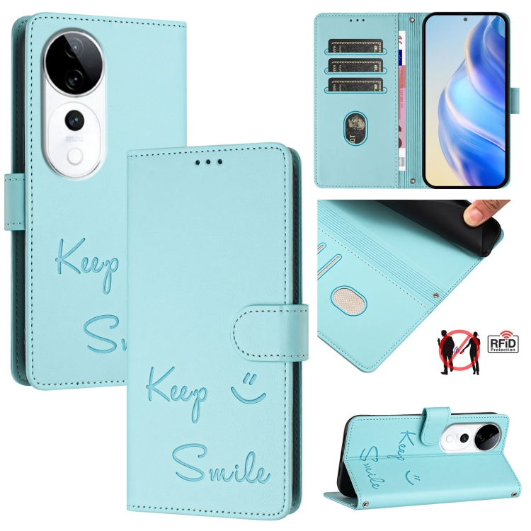 

For vivo S19 Pro Smile Embossing RFID Leather Phone Case(Mint Green)