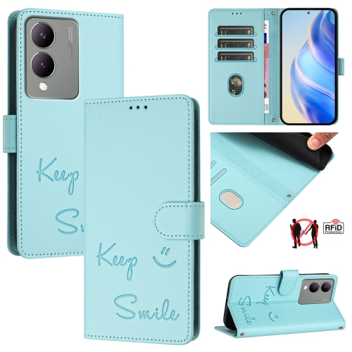 

For vivo Y17S 4G Global Smile Embossing RFID Leather Phone Case(Mint Green)