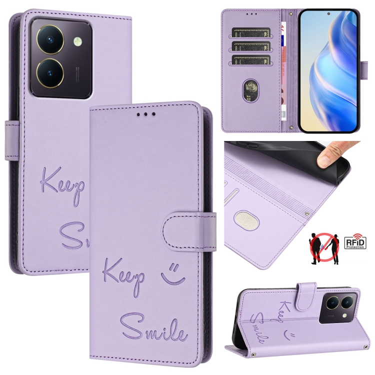 

For vivo Y36 4G India Smile Embossing RFID Leather Phone Case(Light Purple)