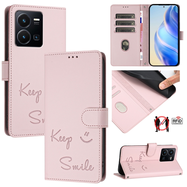 

For vivo Y22S 4G Global Smile Embossing RFID Leather Phone Case(Pink)