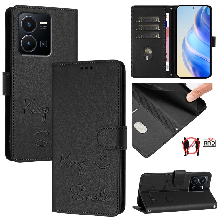 

For vivo Y22S 4G Global Smile Embossing RFID Leather Phone Case(Black)