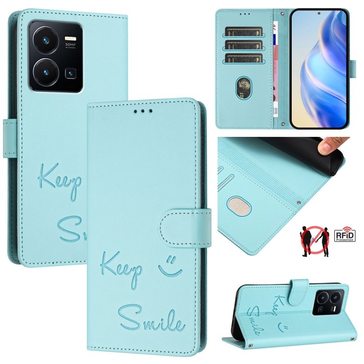 

For vivo Y22 4G Global Smile Embossing RFID Leather Phone Case(Mint Green)