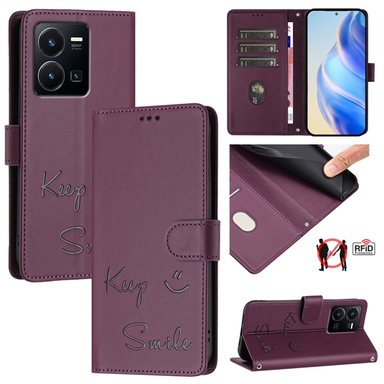 

For vivo Y22 4G Global Smile Embossing RFID Leather Phone Case(Violet)