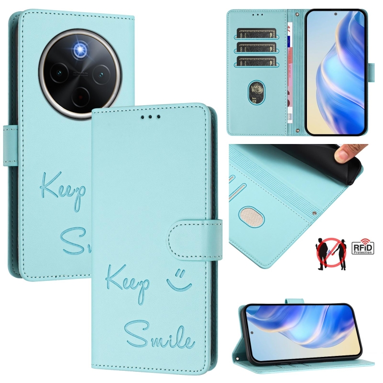 

For vivo Y300 Pro Smile Embossing RFID Leather Phone Case(Mint Green)