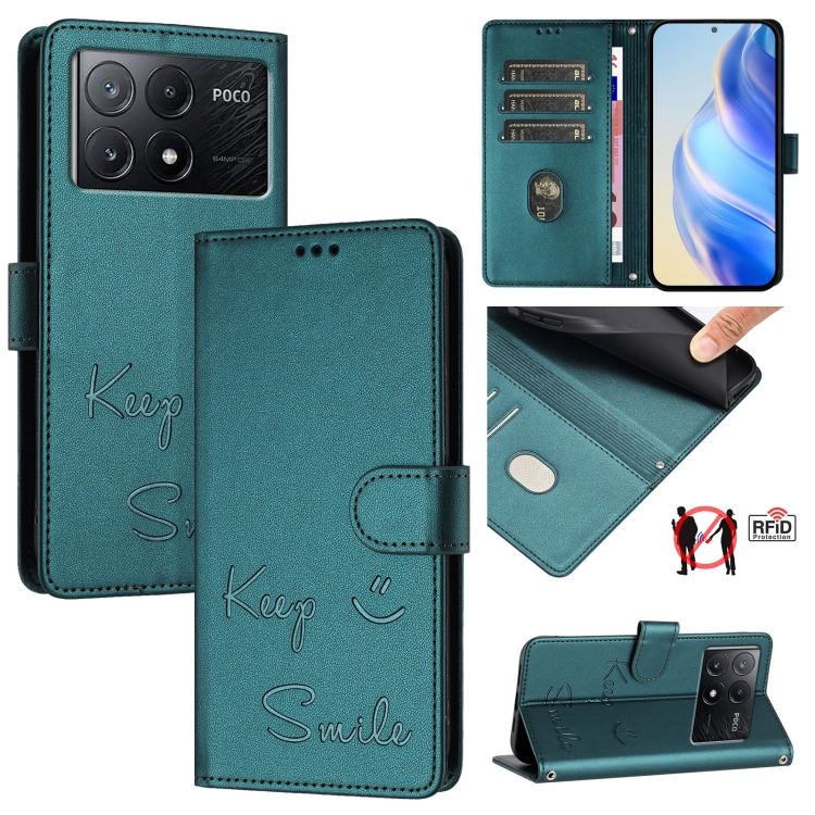 

For Xiaomi Poco X6 Pro / Redmi K70E Smile Embossing RFID Leather Phone Case(Peacock Green)