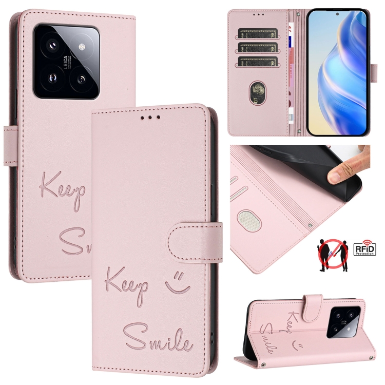 

For Xiaomi 14 Pro Smile Embossing RFID Leather Phone Case(Pink)