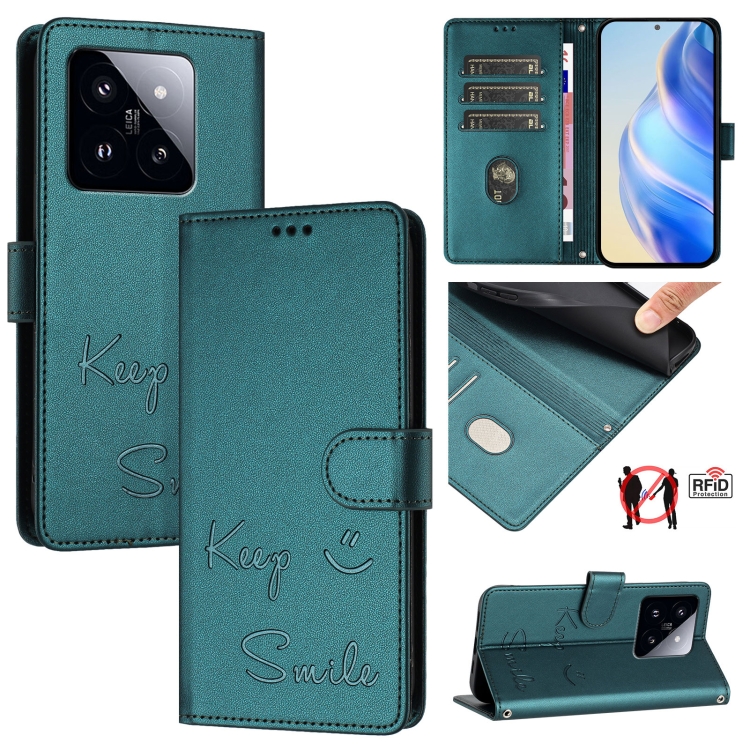 

For Xiaomi 14 Pro Smile Embossing RFID Leather Phone Case(Peacock Green)