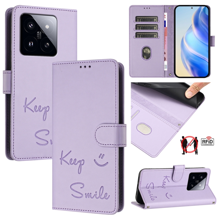 

For Xiaomi 14 Pro Smile Embossing RFID Leather Phone Case(Light Purple)