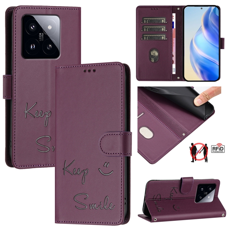 

For Xiaomi 14 Pro Smile Embossing RFID Leather Phone Case(Violet)