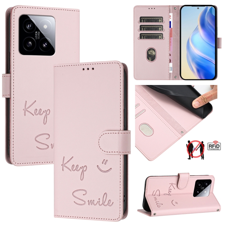 

For Xiaomi 14 Smile Embossing RFID Leather Phone Case(Pink)