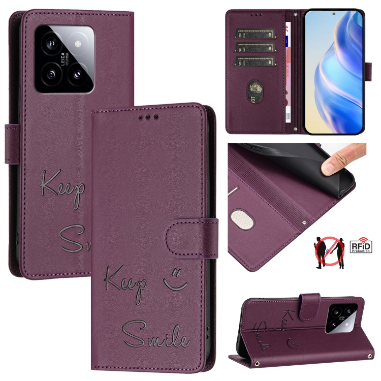 

For Xiaomi 14 Smile Embossing RFID Leather Phone Case(Violet)