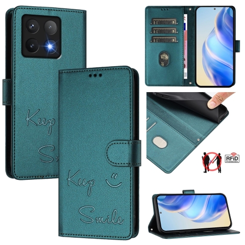 

For Xiaomi 14T Smile Embossing RFID Leather Phone Case(Peacock Green)