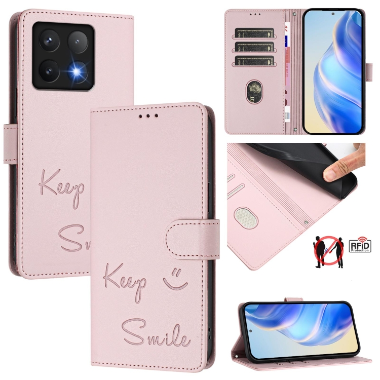 

For Xiaomi 14T Pro Smile Embossing RFID Leather Phone Case(Pink)