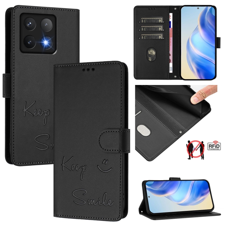 

For Xiaomi 14T Pro Smile Embossing RFID Leather Phone Case(Black)