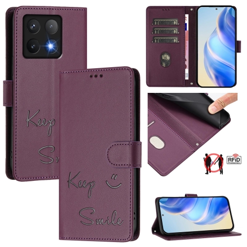 

For Xiaomi 14T Pro Smile Embossing RFID Leather Phone Case(Violet)