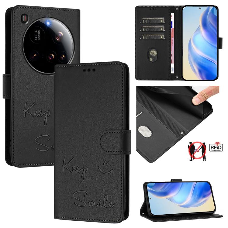 

For Xiaomi 15 Ultra Smile Embossing RFID Leather Phone Case(Black)