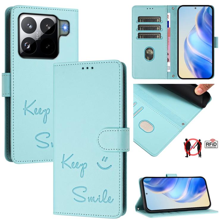

For Xiaomi 15S Pro 5G Smile Embossing RFID Leather Phone Case(Mint Green)