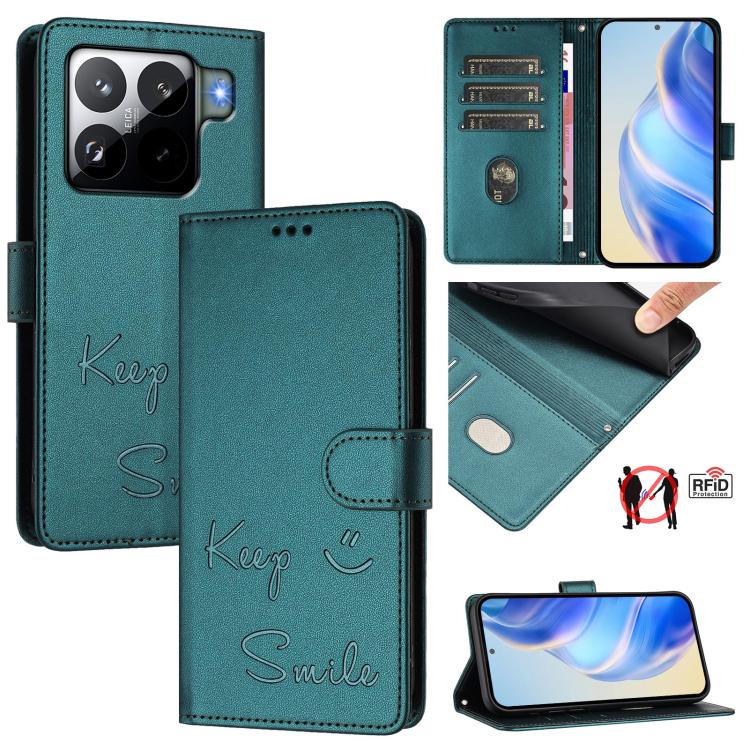 

For Xiaomi 15S Pro 5G Smile Embossing RFID Leather Phone Case(Peacock Green)