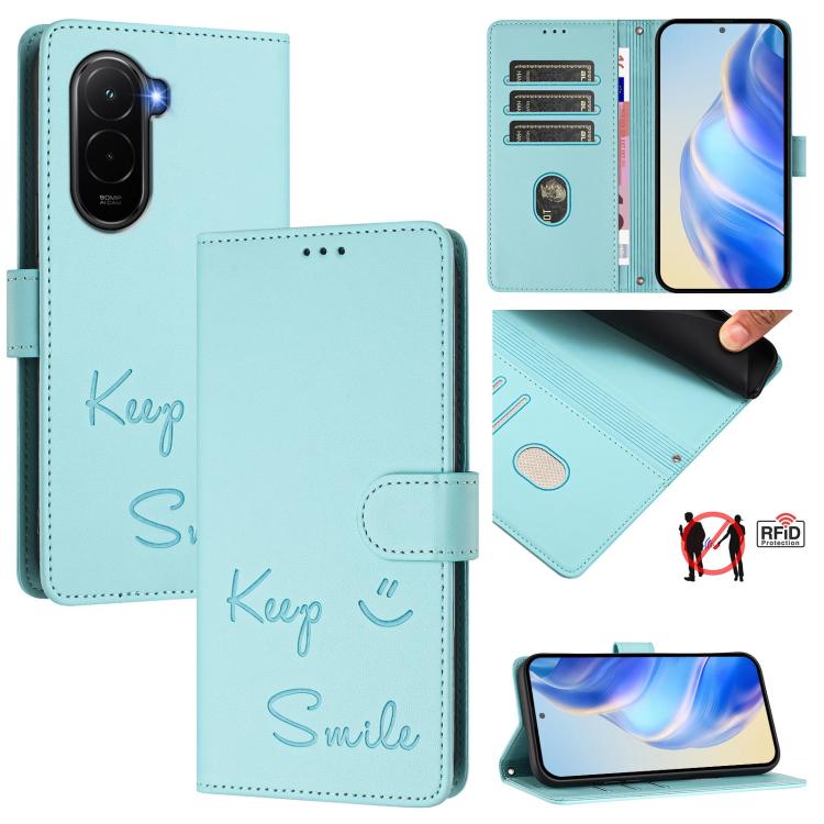 

For Xiaomi Poco M7 4G 169mm Smile Embossing RFID Leather Phone Case(Mint Green)