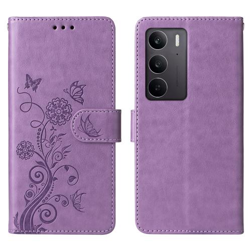 

For Realme C75 / Realme 14x Embossed Butterfly Flowers Leather Phone Case(Purple)