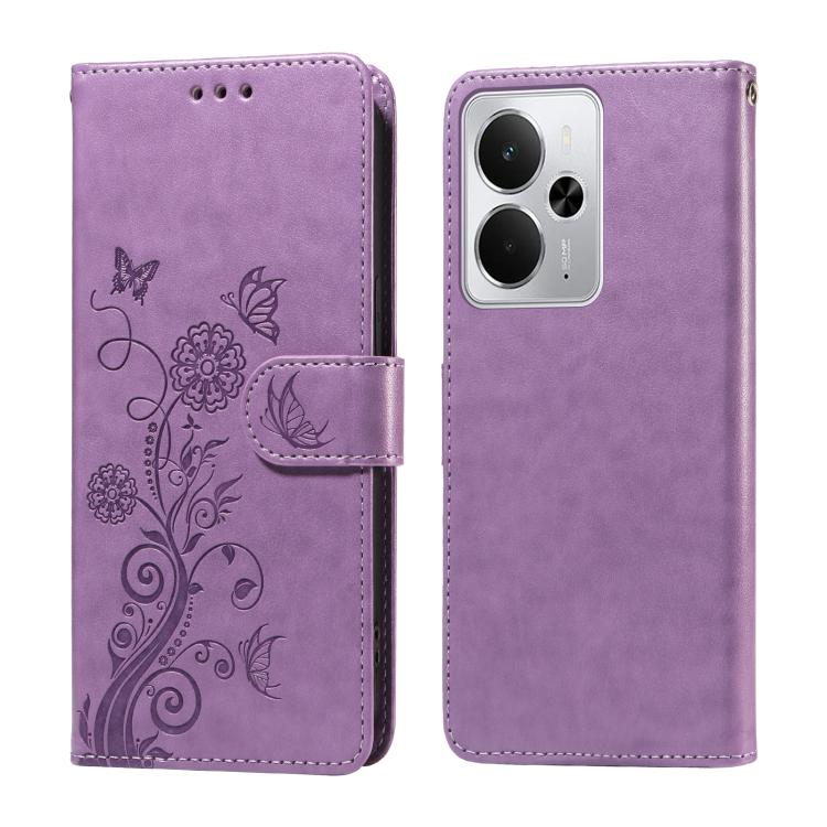 

For Realme 14 Global Embossed Butterfly Flowers Leather Phone Case(Purple)