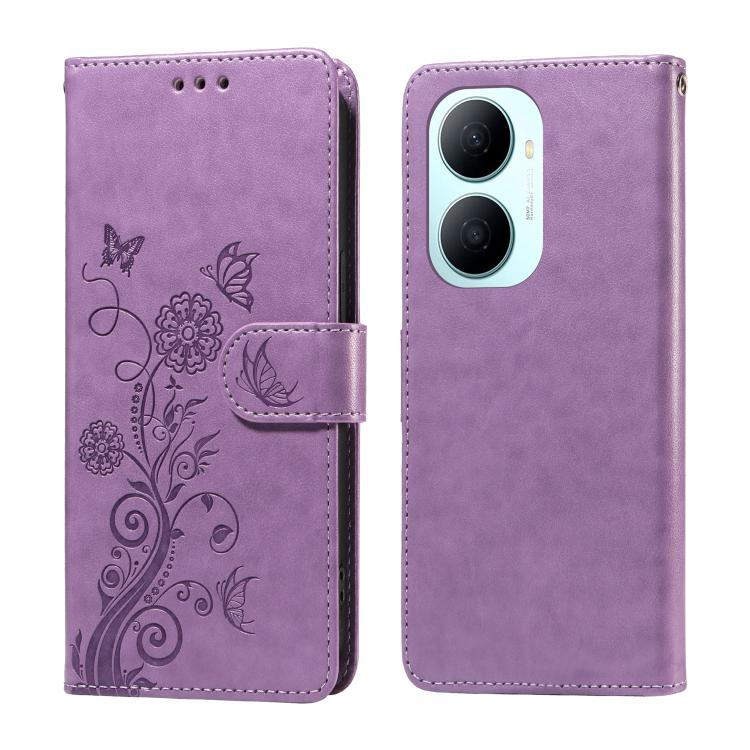 

For Huawei Enjoy 80 Plus Embossed Butterfly Flowers Leather Phone Case(Purple)