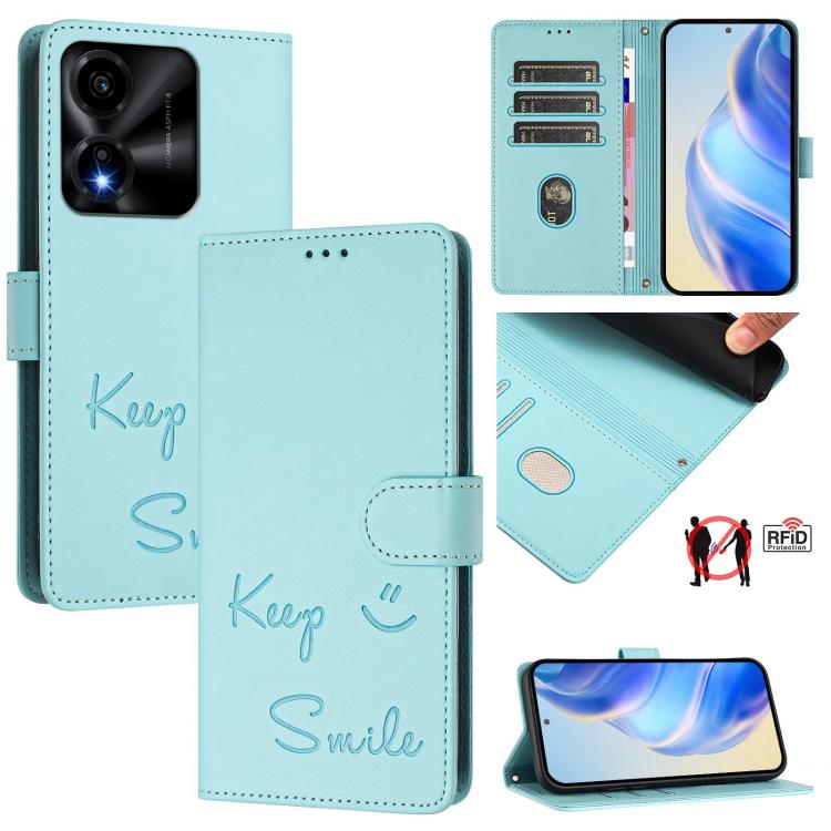 

For Honor X5c Plus Smile Embossing RFID Leather Phone Case(Mint Green)