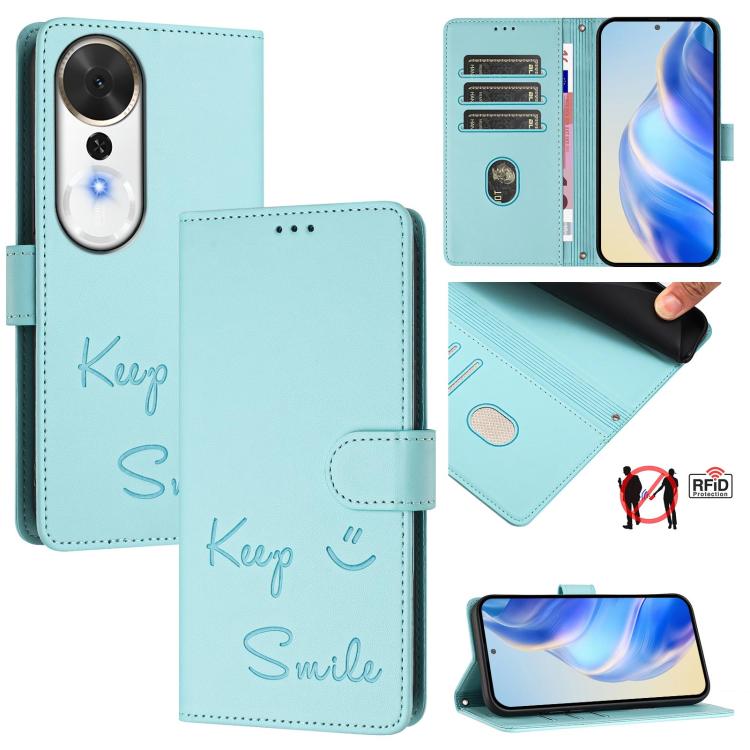 

For Honor Play 70 Plus Smile Embossing RFID Leather Phone Case(Mint Green)