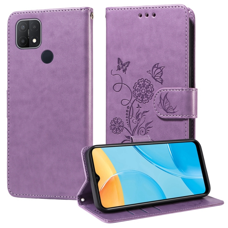 

For OPPO A15 4G India / A15s / A16k / A16e Embossed Butterfly Flowers Leather Phone Case(Purple)