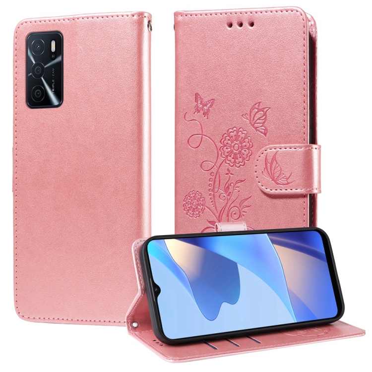 

For OPPO A54 4G / A54s / A55 4G / 5G / A53s 5G Embossed Butterfly Flowers Leather Phone Case(Rose Gold)