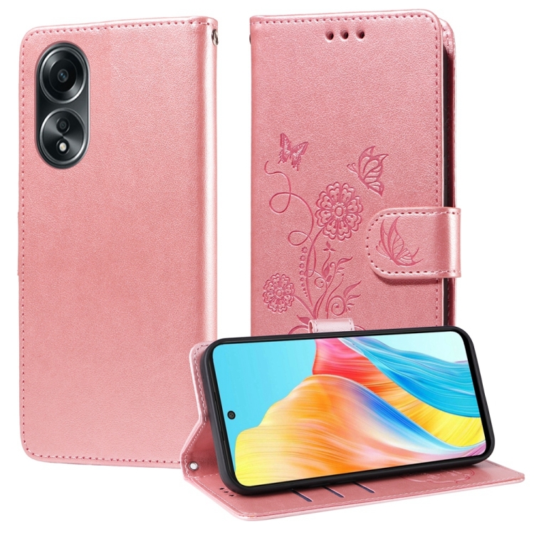 

For OPPO A58 4G Embossed Butterfly Flowers Leather Phone Case(Rose Gold)