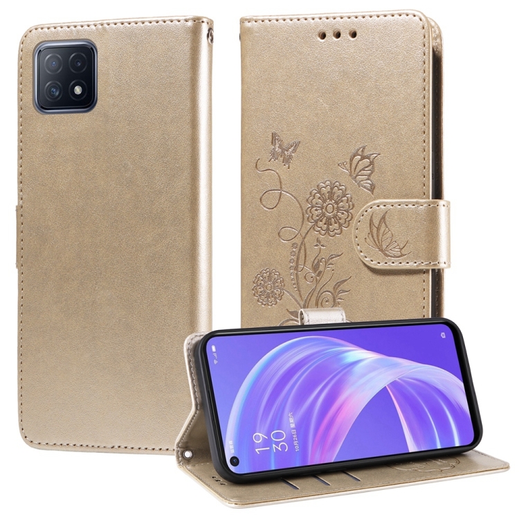 

For OPPO A92s / A53 5G / A72 5G / A73 5G Embossed Butterfly Flowers Leather Phone Case(Gold)