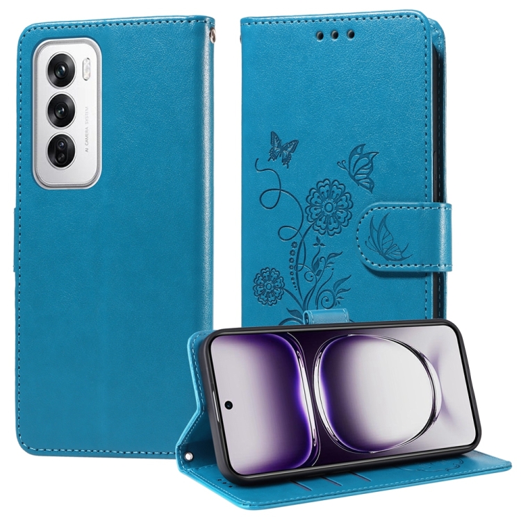 

For OPPO Reno12 5G Global Embossed Butterfly Flowers Leather Phone Case(Blue)