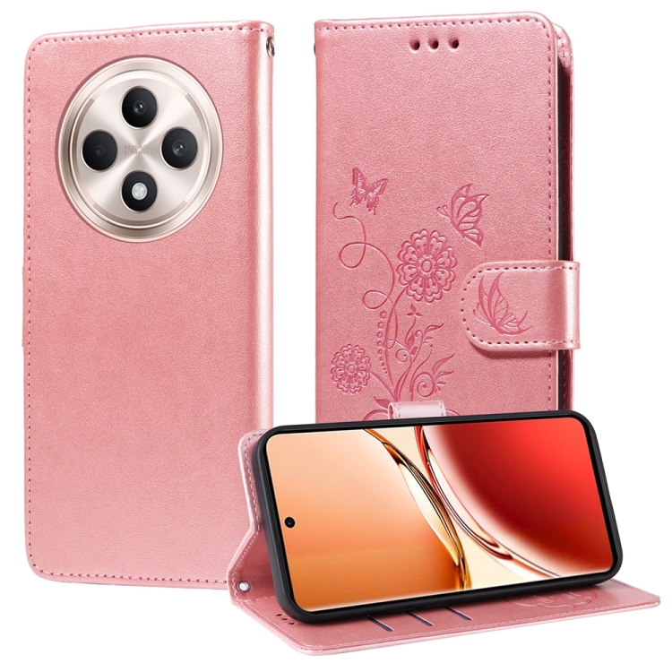 

For OPPO Reno12 F 5G Global Embossed Butterfly Flowers Leather Phone Case(Rose Gold)