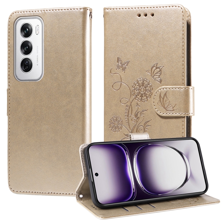 

For OPPO Reno12 Pro 5G Global Embossed Butterfly Flowers Leather Phone Case(Gold)
