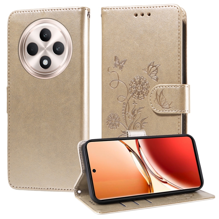 

For OPPO Reno12 F 4G Embossed Butterfly Flowers Leather Phone Case(Gold)