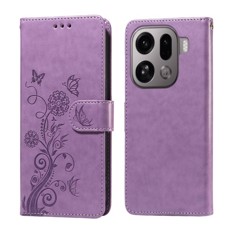 

For OPPO Find X9 Pro Embossed Butterfly Flowers Leather Phone Case(Purple)
