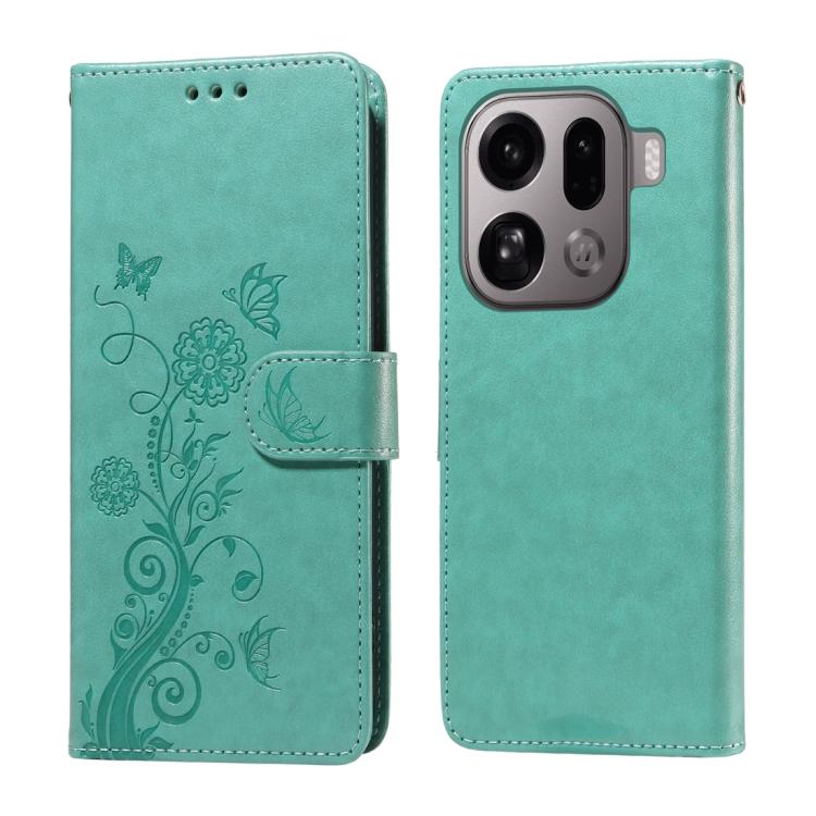 

For OPPO Find X9 Pro Embossed Butterfly Flowers Leather Phone Case(Green)