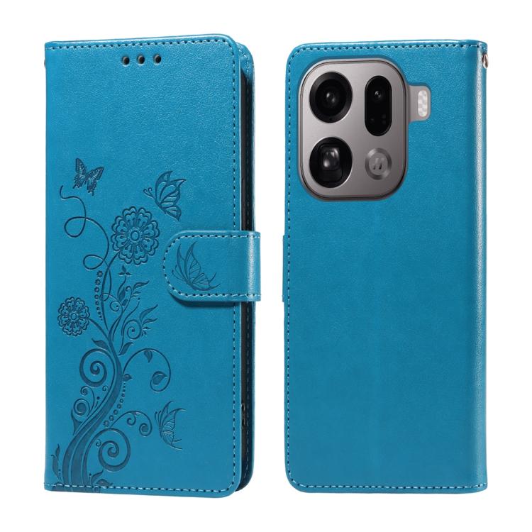 

For OPPO Find X9 Pro Embossed Butterfly Flowers Leather Phone Case(Blue)