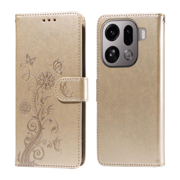 

For OPPO Find X9 Pro Embossed Butterfly Flowers Leather Phone Case(Gold)
