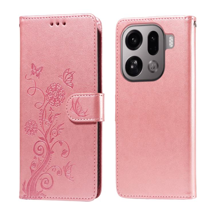 

For OPPO Find X9 Pro Embossed Butterfly Flowers Leather Phone Case(Rose Gold)