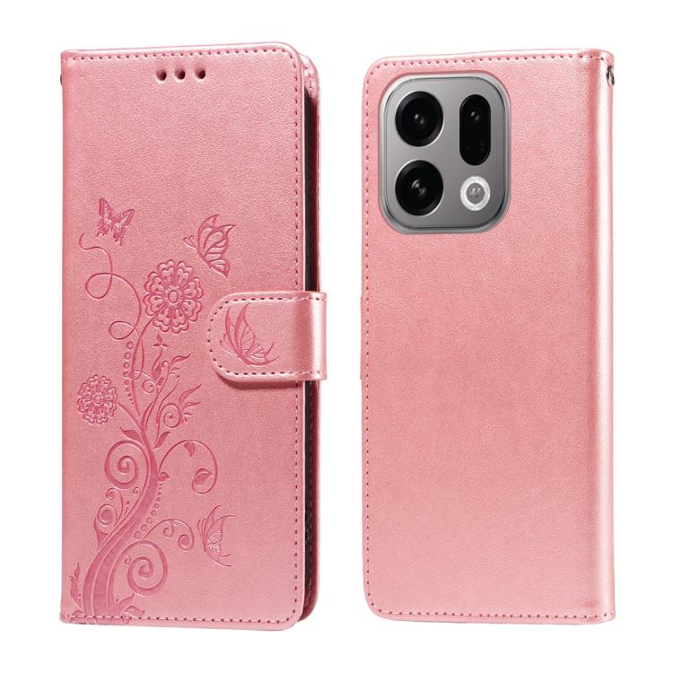 

For OPPO Find X9 Embossed Butterfly Flowers Leather Phone Case(Rose Gold)