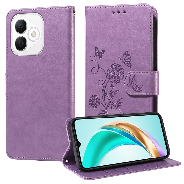 

For Honor X60i Embossed Butterfly Flowers Leather Phone Case(Purple)